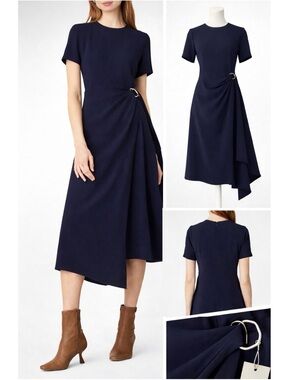 Shoshanna Navy Draped Midi Dress Ring Detail A-Line Size 10 NWT Elegant Wedding